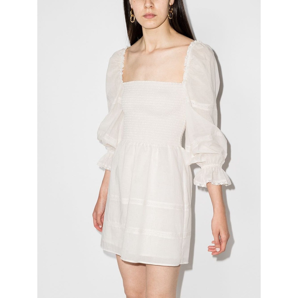 New Reformation Dunes Dress Cream Puff Long Sleeve Smocked Square Neck Mini Sz 4